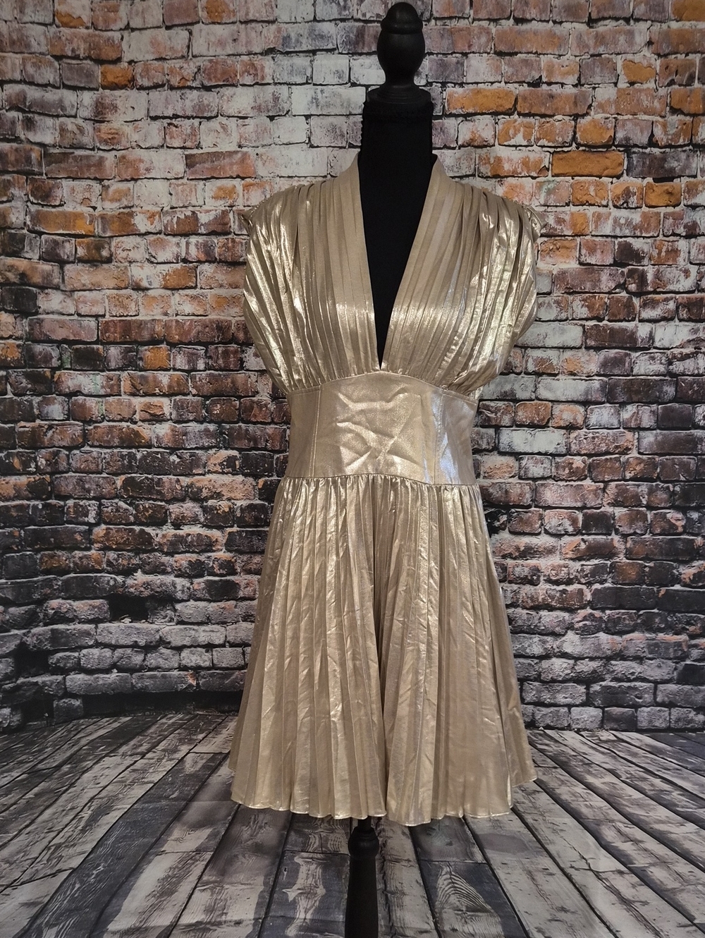 Banana Republic Metallic Gold Pleated V-Neck Mini Dress
